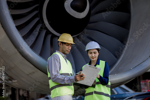 An expert aviation mechanic leads a professional crew in a hangar, examining a jet engine to ensure safety and maintenance efficiency.