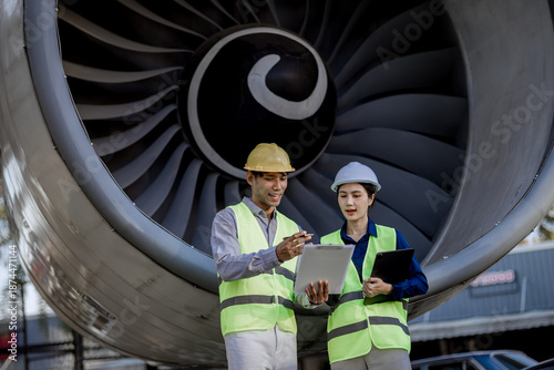 An expert aviation mechanic leads a professional crew in a hangar, examining a jet engine to ensure safety and maintenance efficiency.