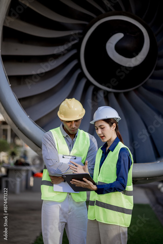 An expert aviation mechanic leads a professional crew in a hangar, examining a jet engine to ensure safety and maintenance efficiency.