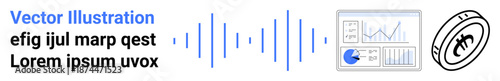 Graphs and pie charts on a screen, audio wave graphic, and blockchain coin symbol. Ideal for finance, analytics, technology, blockchain, data science, research simple landing page