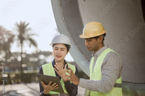 An expert aviation mechanic leads a professional crew in a hangar, examining a jet engine to ensure safety and maintenance efficiency.