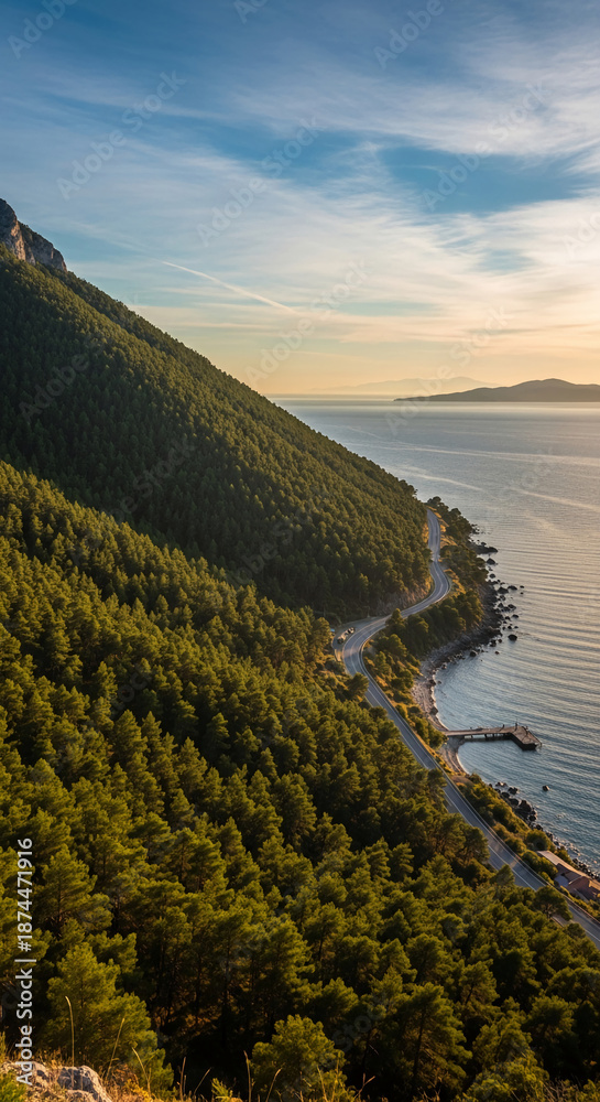 Fototapeta premium Aerial view of coastal road along a mountain slope covered in dense green forest, meets a calm sea under a bright sky, symbolizing scenic route and adventure