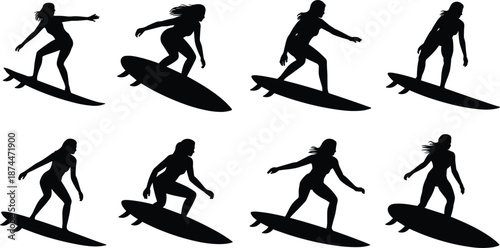 Dynamic Silhouettes Of Women Surfing On Surfboards In The Ocean woman