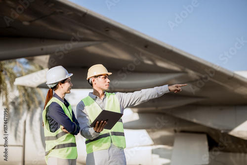 An expert aviation mechanic leads a professional crew in a hangar, examining a jet engine to ensure safety and maintenance efficiency.