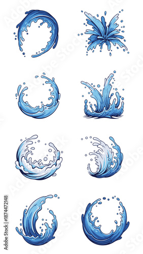Dynamic Water Element Illustrations Showcasing Fluid Motion and Splashing Water Forms in Various Styles