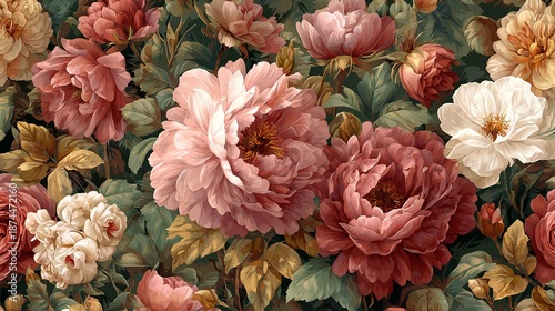Elegant, chic, vintage seamless repeatable pattern with antique roses, peonies and dahlias in muted tones of dusty pink, olive green, faded red, cream, golden brown