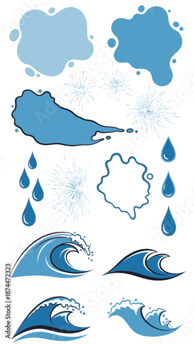 A serene Element visual representation of ocean waves and water droplets in various illustrations