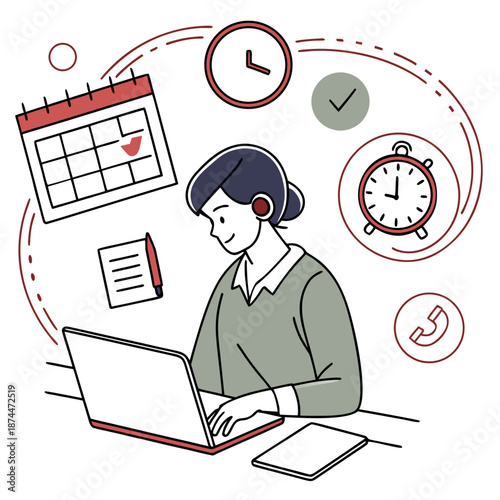 Woman working on laptop with calendar clock and phone around her