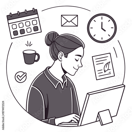 Woman working on laptop with office supplies around her