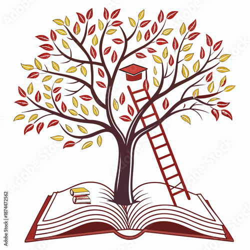Tree growing out of open book with ladder and graduation cap