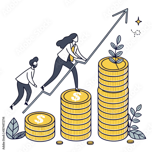 Of business people pushing growth graph up with stacks of coins and plants