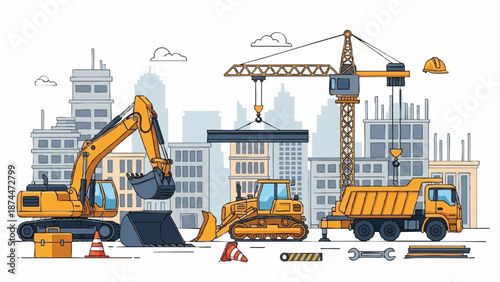 Illustration of heavy construction machinery including an excavator, dump truck, and crane in a cityscape with a white background.