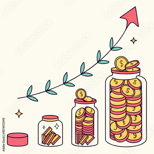 Showing gradual wealth accumulation with jars of coins and growing plant