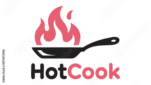 Hot cook logo with frying pan and flames