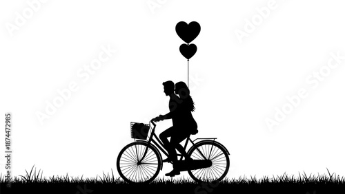 Romantic Couple Riding Bicycle with Heart Balloons Silhouette.