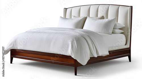  luxury villa king size bed featuring a refined upholstered curved silhouette headboard with soft vertical paneling and clean, tailored edges. Solid dark walnut wood