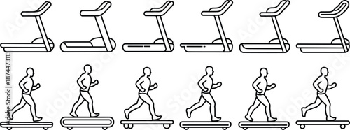 Line Art Treadmills and Running Figures in Motion on White Background exercise fitness