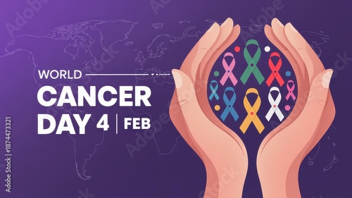World cancer day february 4 illustration with hands holding diverse awareness ribbons unity and support theme