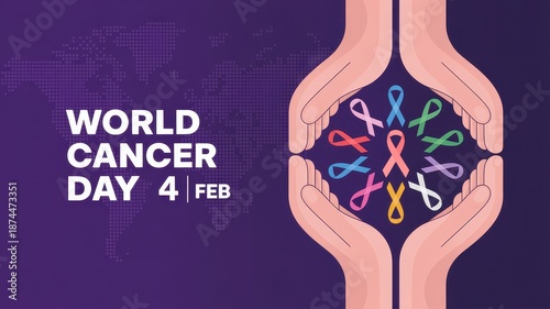 World cancer day february 4 awareness background with hands holding colorful ribbons strength and unity