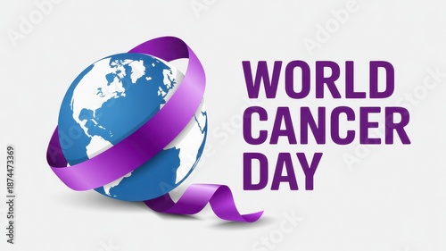 World cancer day with purple ribbon wrapped around globe symbolizing global cancer support