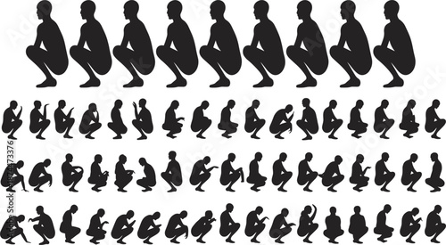Numerous Male Silhouettes in Squatting and Crouching Poses vector untitled