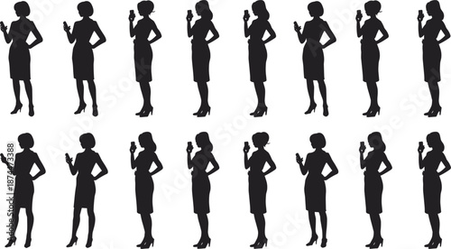 Multiple silhouettes of women in dresses holding smartphones and looking at screens woman female
