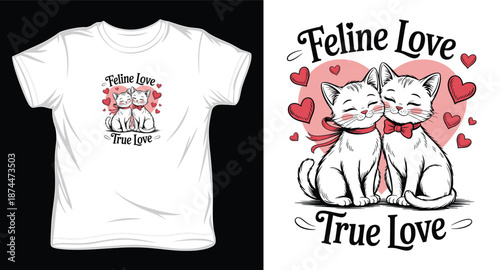 Feline love true love vector graphic of two cute cats hugging surrounded by hearts for t-shirt design