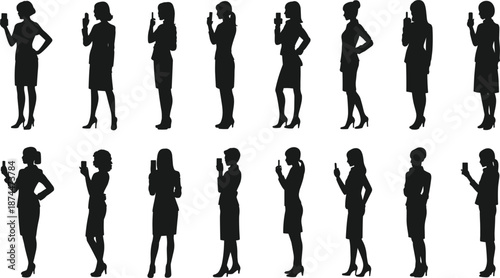 Silhouette collection of women using smartphones in various poses and outfits woman female