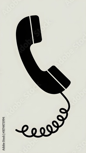 Classic black telephone icon with coiled cord on beige background