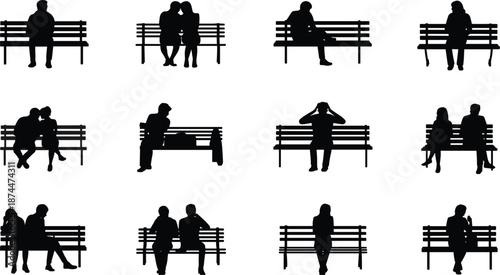 Silhouettes of couples and individuals sitting on park benches in various poses people woman