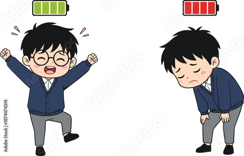 Cute cartoon boy with energy level battery icons showing happy and tired emotions isolated vector illustration
