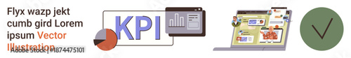 Business analysis, KPI tracking, ecommerce management, data visualization, online marketplace, performance assessment. Graphic icons feature KPI dashboard, online shopping platform, and verification