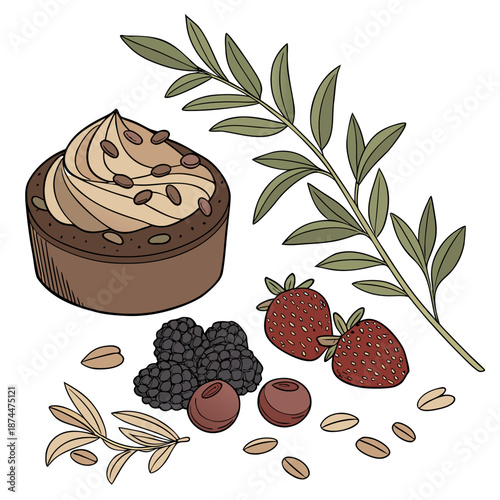 Chocolate dessert with strawberries blackberries and nuts