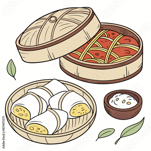 Steamed dumplings and buns in bamboo steamers with dipping sauce