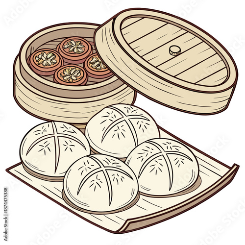 Steamed buns and pitha in bamboo steamer basket dim sum