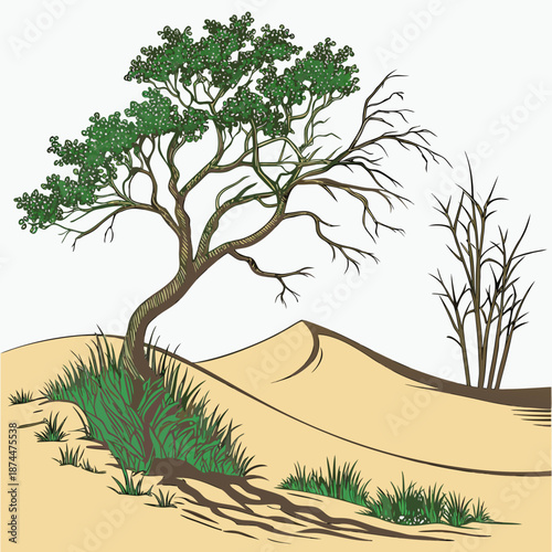 Desert landscape with green tree and dead tree sand