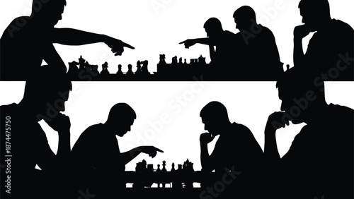 Silhouettes of people playing chess strategic thinking and competition concept isolated on white background for graphic design