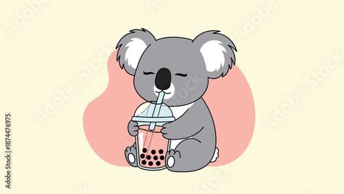 Adorable grey koala character sitting and enjoying a refreshing strawberry boba bubble tea with black pearls.