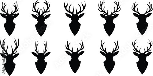 Deer antlers head icons set collection with stag buck reindeer silhouettes in flat style, wildlife animal outline illustration group for logo branding tattoo design