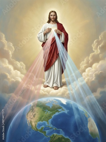 Divine Mercy image of Jesus with rays of blood and water flowing down from heaven into the earth