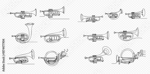 Continuous line drawing of various brass musical instruments including trumpets and French horns.