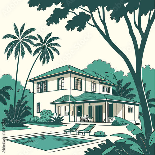 Tropical luxury house with poolside seating and trees