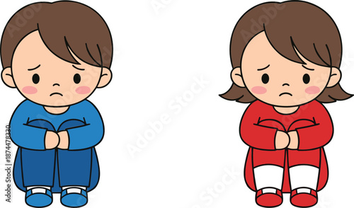 Cute sad cartoon boy and girl sitting alone showing unhappy emotions isolated on white background vector