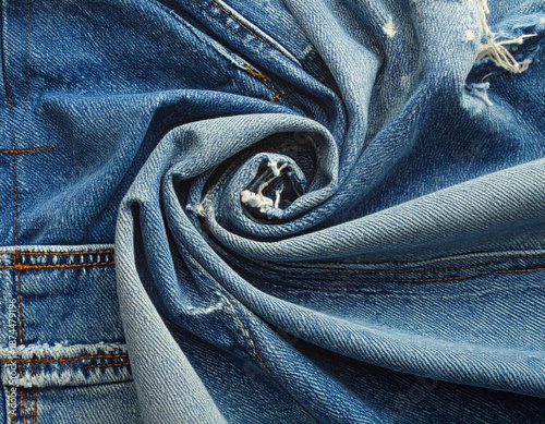 Abstract spiral swirl of ripped blue denim fabric with visible texture, stitching, and fraying threads in macro close-up