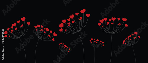 Dandelion with hearts. Happy Valentine's day greeting card. Lovely romance flower. Congratulation with Love. Valentine's day Vector illustration background.