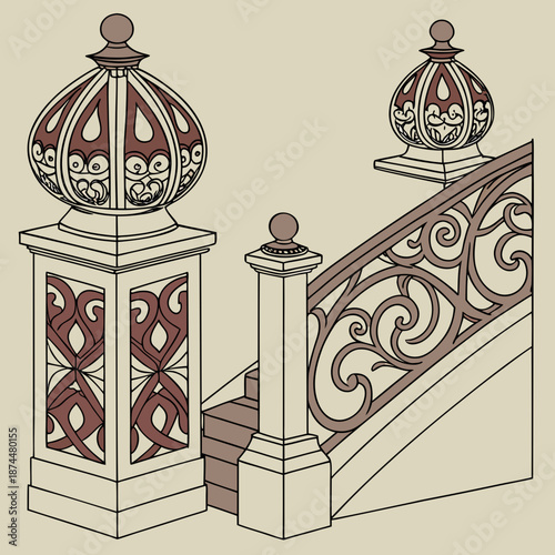 Ornate staircase with carved balusters and railings
