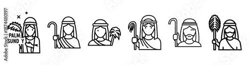 biblical story palm Line art illustration isolated on white background of palm sunday icons