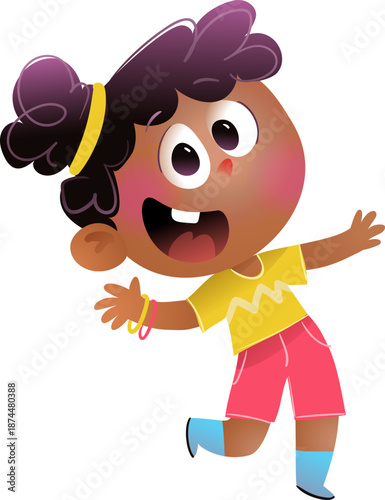 Happy Cartoon Little Black Girl Jumping and Dancing Cheerfully. A playful, colorful African American girl character happily jumping and excited. Vector character clip art cartoon for children and kids