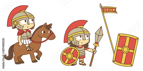 Cartoon Chibi Style Roman Soldiers and Equipment Illustration