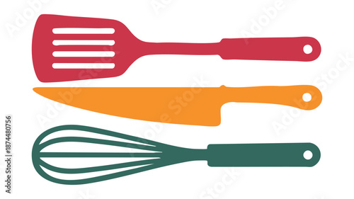 Flat design kitchen utensils set with spatula, knife, and whisk